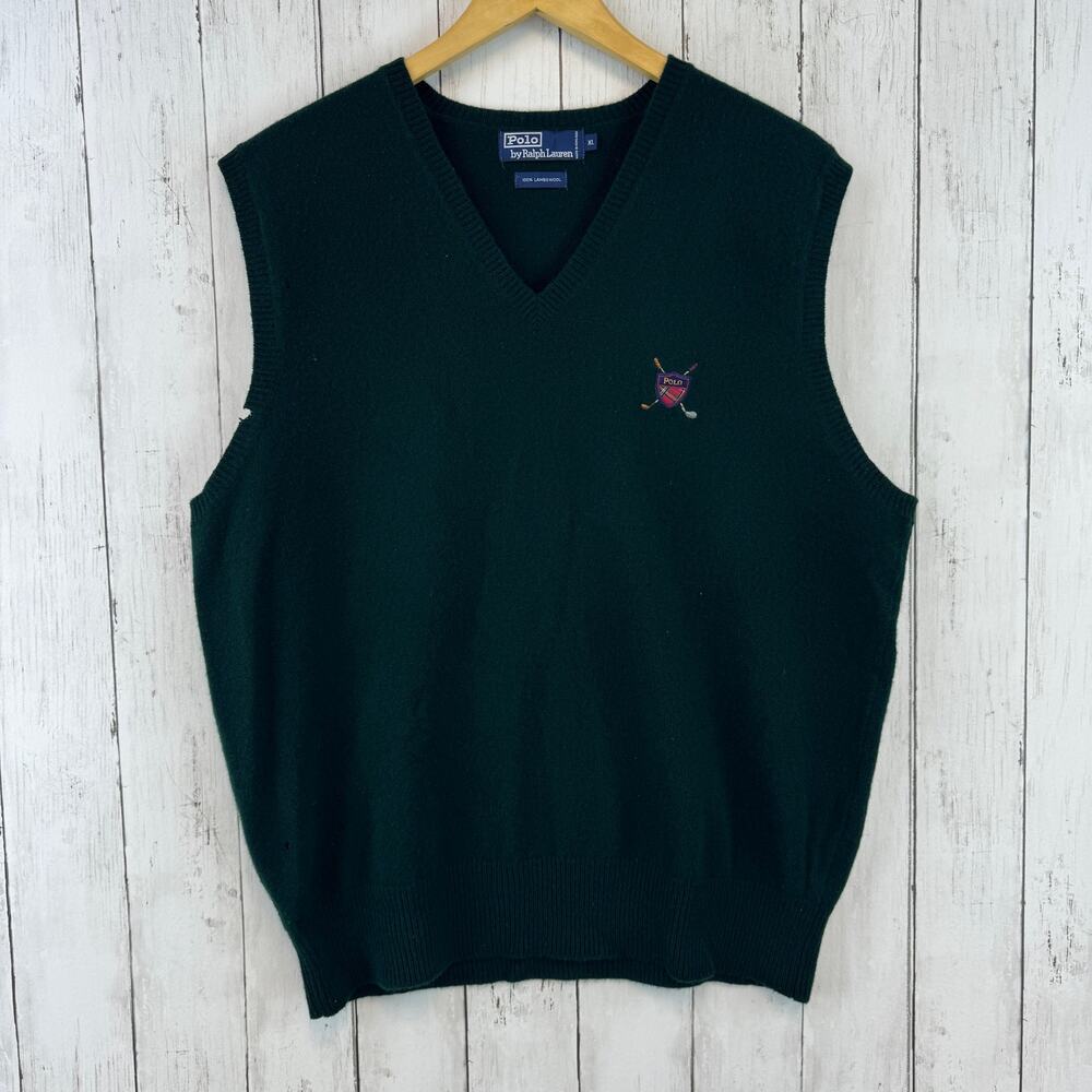 VTG Polo Ralph Lauren Green Golf Crest V-neck Lambswool Sweater Vest Size XL